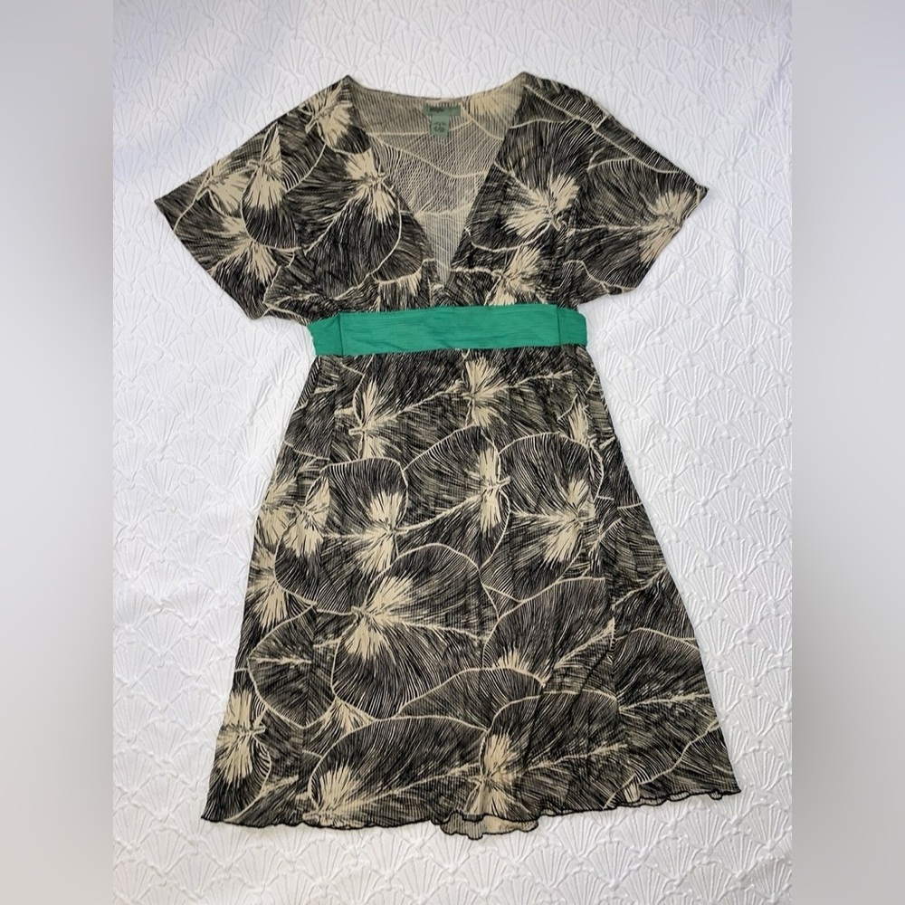 Anthropologie Maple 100% Silk Fan Leaf Print Midi Dress Green Tie Size Medium - Picture 5 of 9